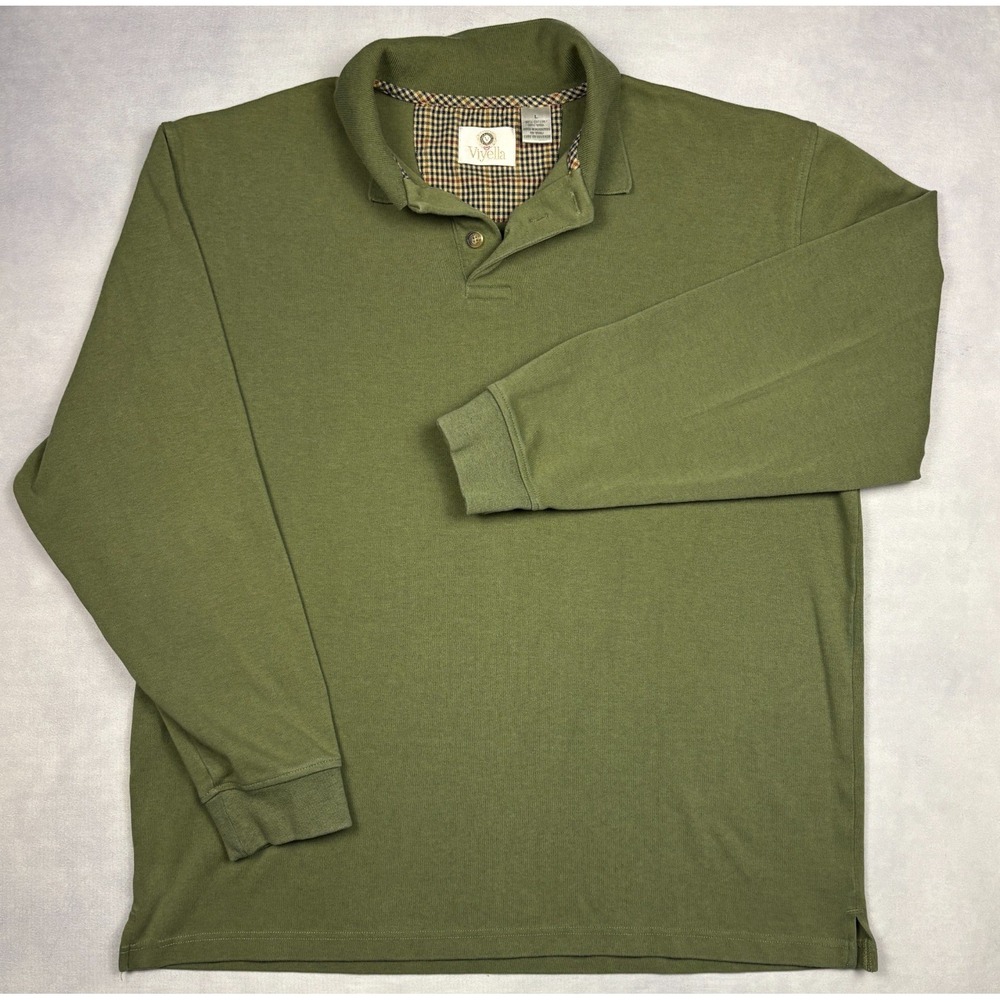 Viyella Polo Shirt Mens Large Olive Green Cotton Wool Long Sleeve L